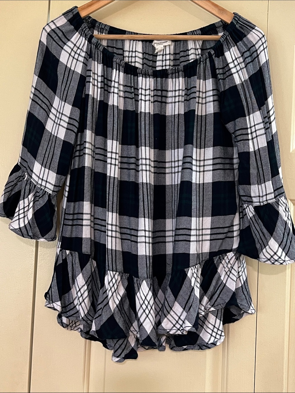 beachlunchlounge Black and White Plaid Off-Shoulder Ruffle Blouse